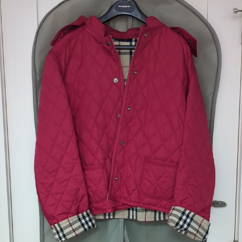 Burberry Crimson Quilted Jacket with Plaid Accents